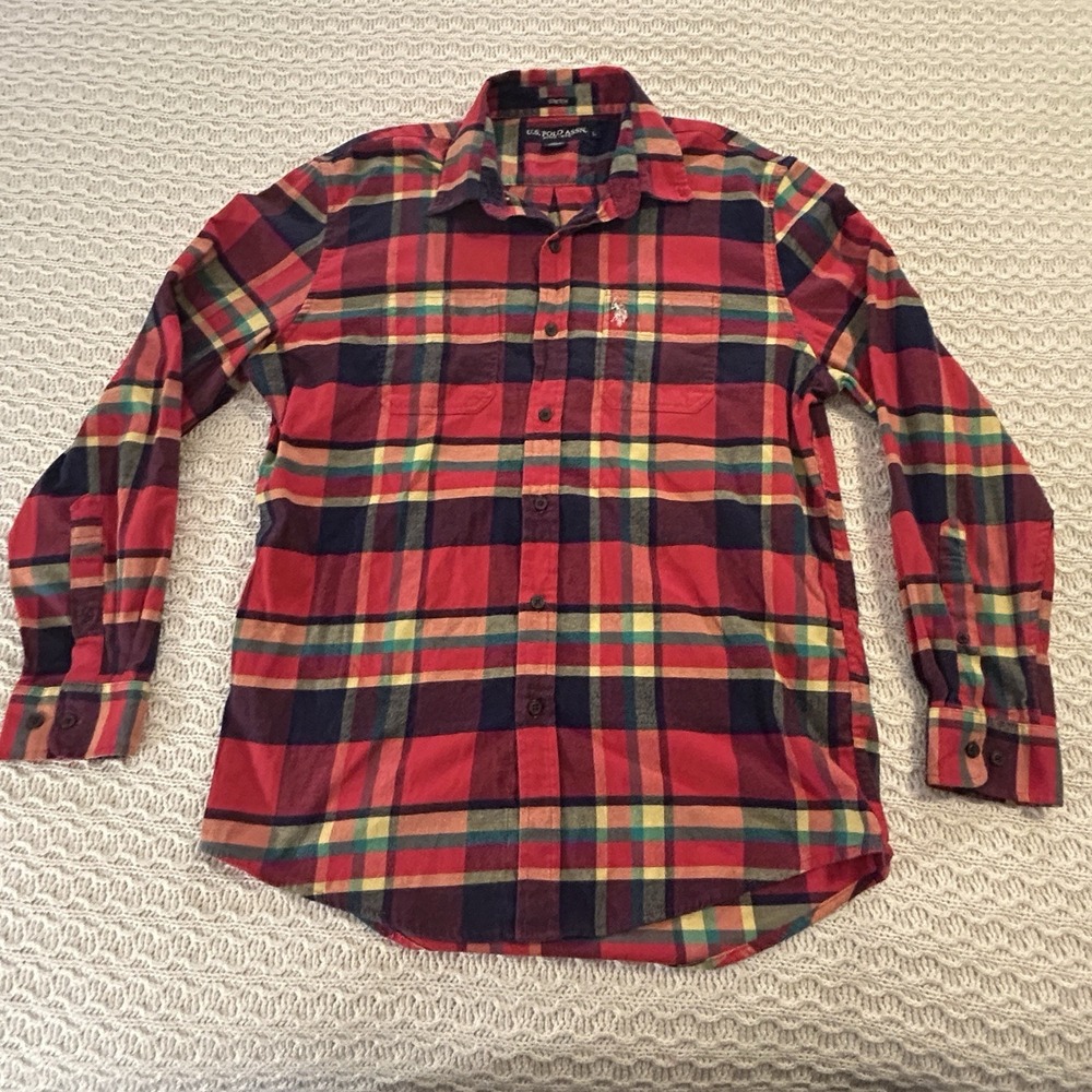 Men's Long Sleeve Red Multicolor Flannel US Polo Assn Shirt Large Button Up